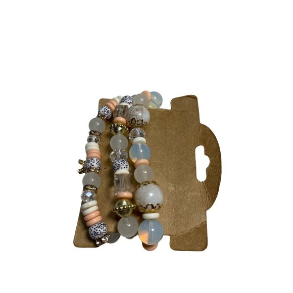 Multilayer Crystal Stone Bead Bracelets Tassels and Charms Peach White and Gold - Picture 4 of 5